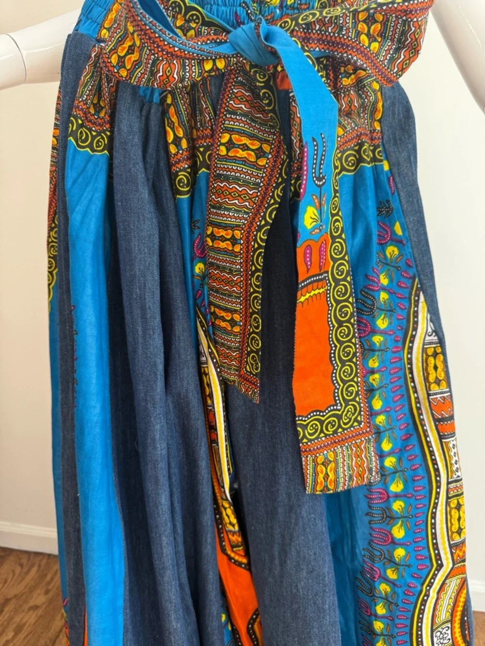 NWT Vintage Patchwork Full Length Denim Circle Hippie Festival Artsy Skirt Gypsy